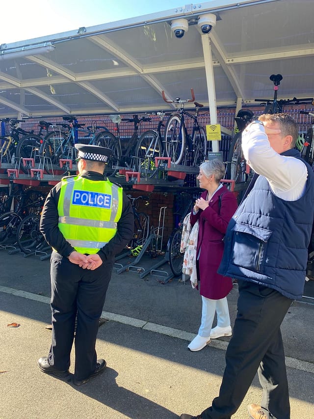Daisy is pictured inspecting the bike storage facility at St Albans City station, with representatives from St Albans Police and Thameslink.